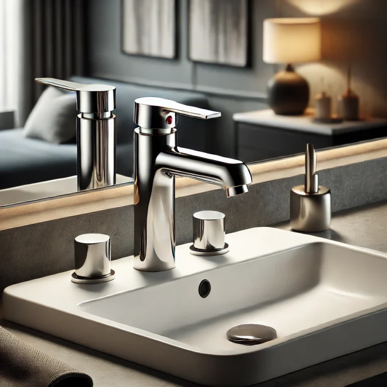 DALL·E 2024-07-18 15.40.33 - A sleek and modern bathroom faucet installed on a stylish bathroom sink