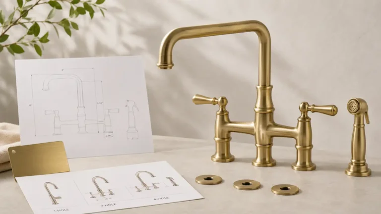 Antique brass bridge kitchen faucet with side sprayer, finish sample, deck-hole layout drawings and specification sheet for buyer review.