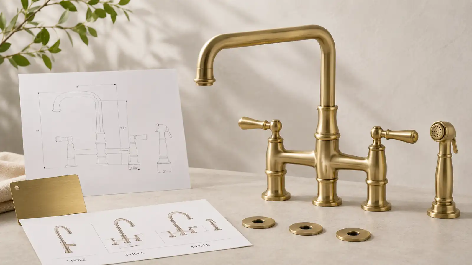 Antique brass bridge kitchen faucet with side sprayer, finish sample, deck-hole layout drawings and specification sheet for buyer review.