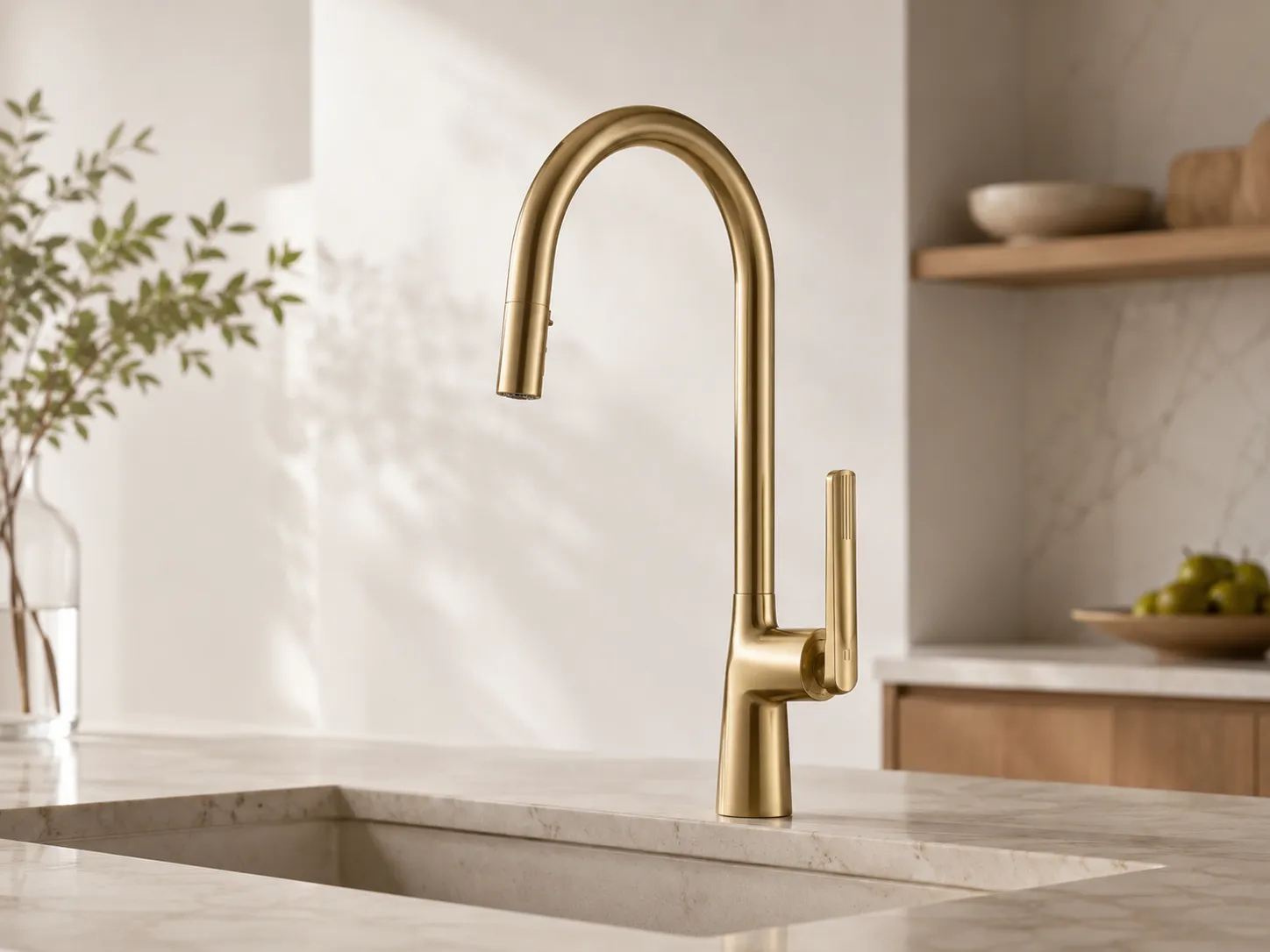 Brass pull-down kitchen faucet installed on a light stone counter for explaining spray head, hose route and finish specification
