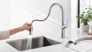 Chrome pull-down kitchen faucet with extended spray head, visible hose, sink, installation parts and a spec sheet for pull-down vs pull-out faucet review.