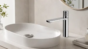 Single handle bathroom faucet installed beside a white basin for explaining hole layout, drain kit, spout reach and flow specification