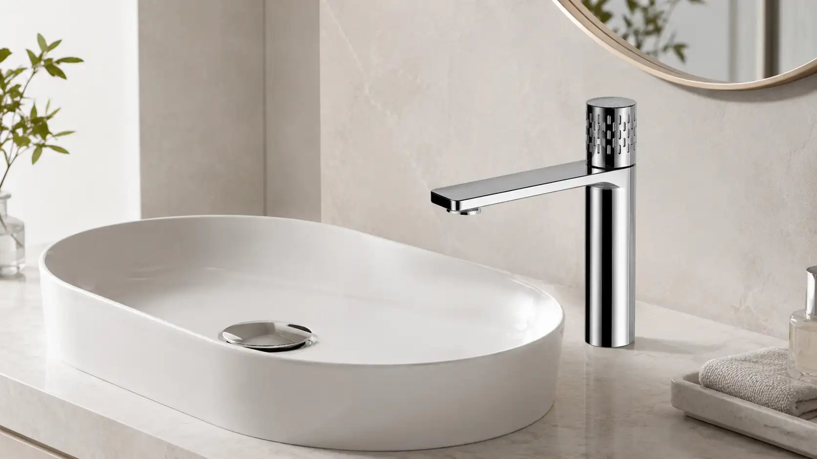 Single handle bathroom faucet installed beside a white basin for explaining hole layout, drain kit, spout reach and flow specification