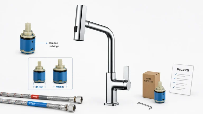 Single handle kitchen faucet with ceramic cartridge, 35 mm and 40 mm cartridge sizes, hot and cold supply tails, spare cartridge box and specification sheet for buyer review.