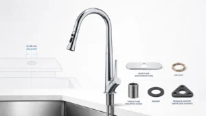 Single hole kitchen faucet with 35–40 mm hole size diagram, deck plate, lock nut, thread tube, washer and triangle under-deck support for buyer install review.