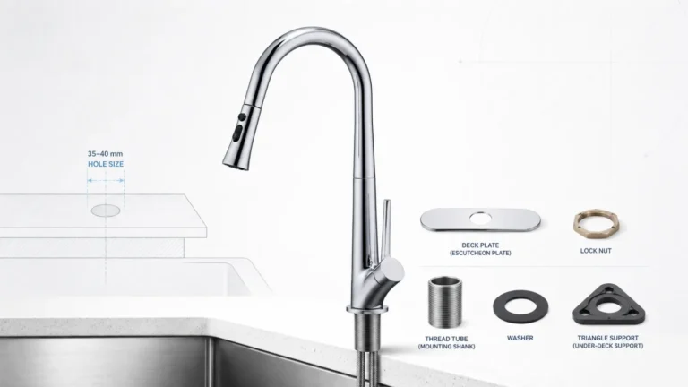 Single hole kitchen faucet with 35–40 mm hole size diagram, deck plate, lock nut, thread tube, washer and triangle under-deck support for buyer install review.