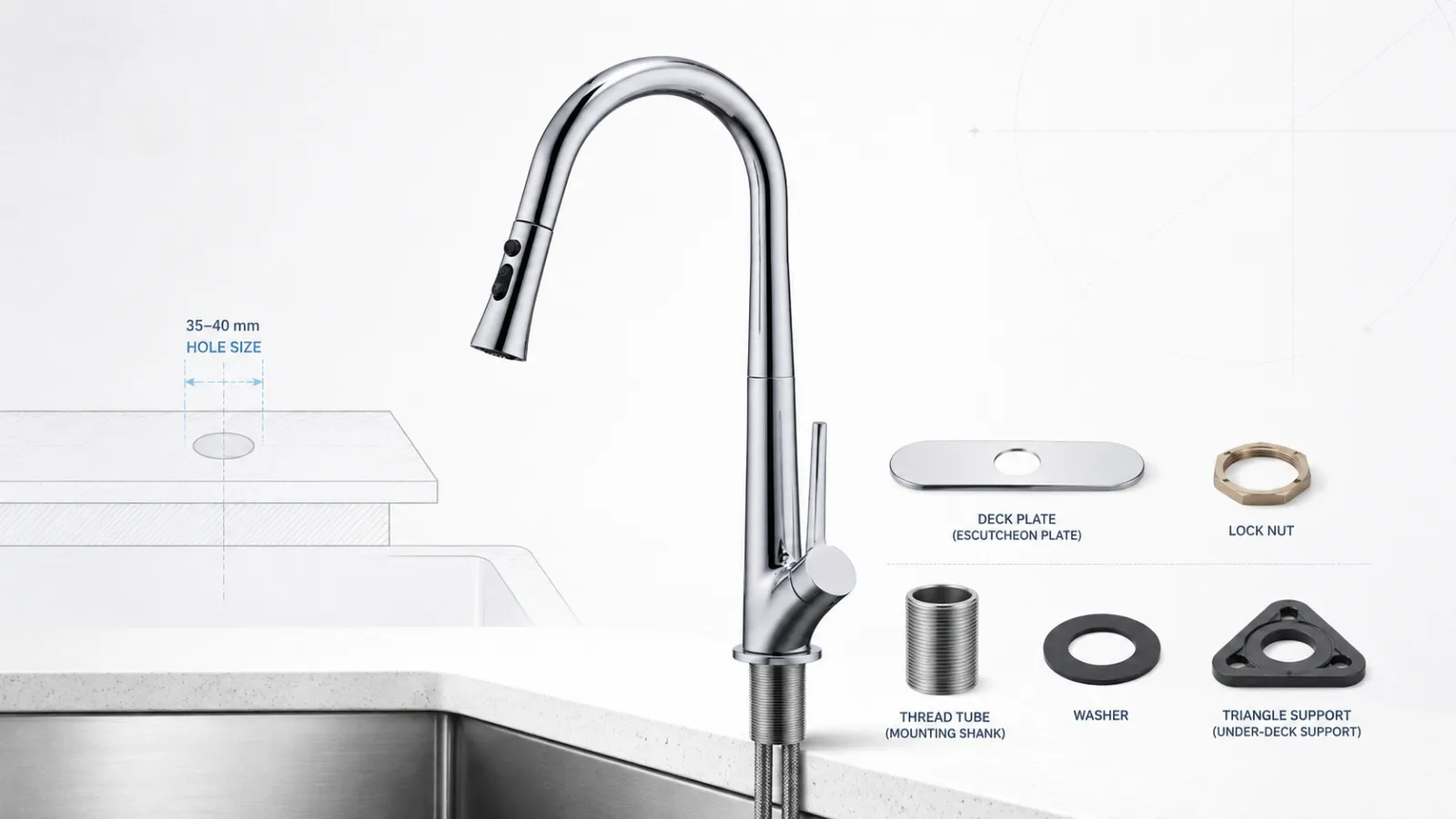 Single hole kitchen faucet with 35–40 mm hole size diagram, deck plate, lock nut, thread tube, washer and triangle under-deck support for buyer install review.