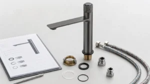 Dark basin faucet with brass threaded section, stainless braided hoses, fittings, gaskets and a material spec sheet for part-by-part faucet review.