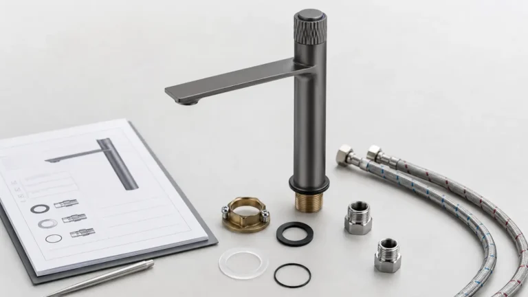 Dark basin faucet with brass threaded section, stainless braided hoses, fittings, gaskets and a material spec sheet for part-by-part faucet review.