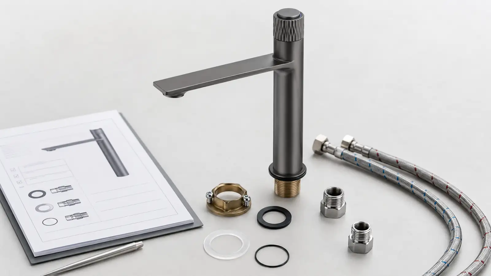 Dark basin faucet with brass threaded section, stainless braided hoses, fittings, gaskets and a material spec sheet for part-by-part faucet review.