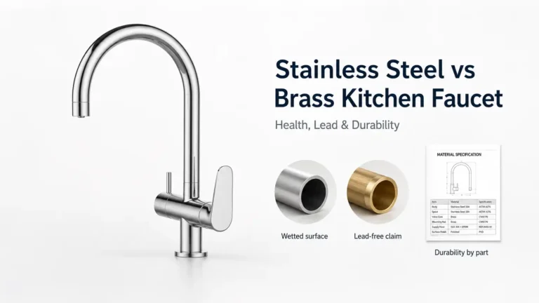 Stainless steel kitchen faucet with stainless and brass material tubes and specification sheet for comparing wetted surface, lead-free claim and durability by part.