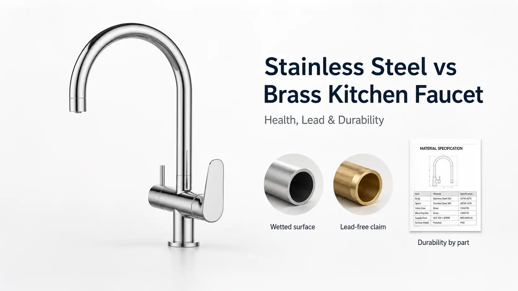 Stainless steel kitchen faucet with stainless and brass material tubes and specification sheet for comparing wetted surface, lead-free claim and durability by part.
