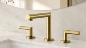 Brushed gold widespread bathroom faucet with separate spout and two handles for explaining finish shade matching across pieces