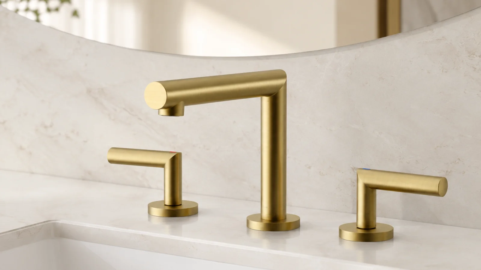 Brushed gold widespread bathroom faucet with separate spout and two handles for explaining finish shade matching across pieces