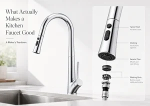 Pull-down kitchen faucet and spray head teardown showing maker view of spray head weight, docking, aerator flow and working parts