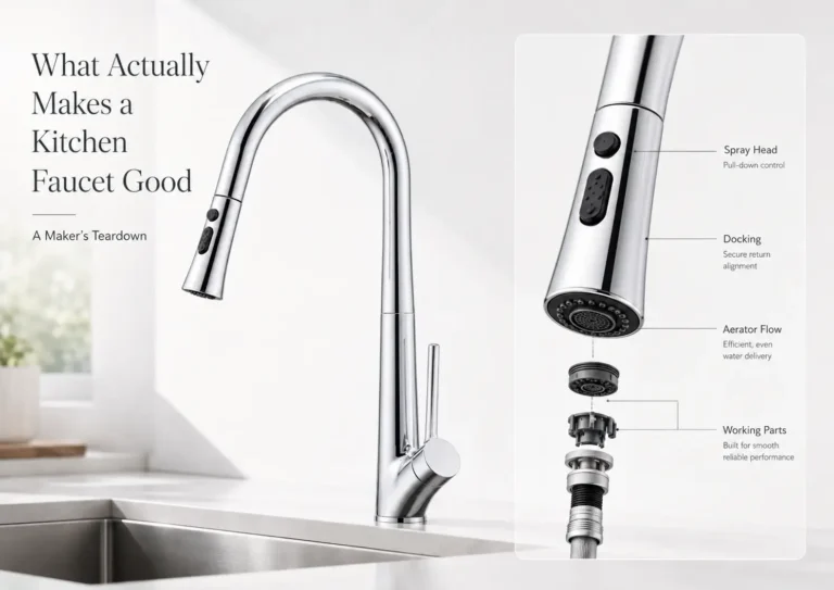 Pull-down kitchen faucet and spray head teardown showing maker view of spray head weight, docking, aerator flow and working parts