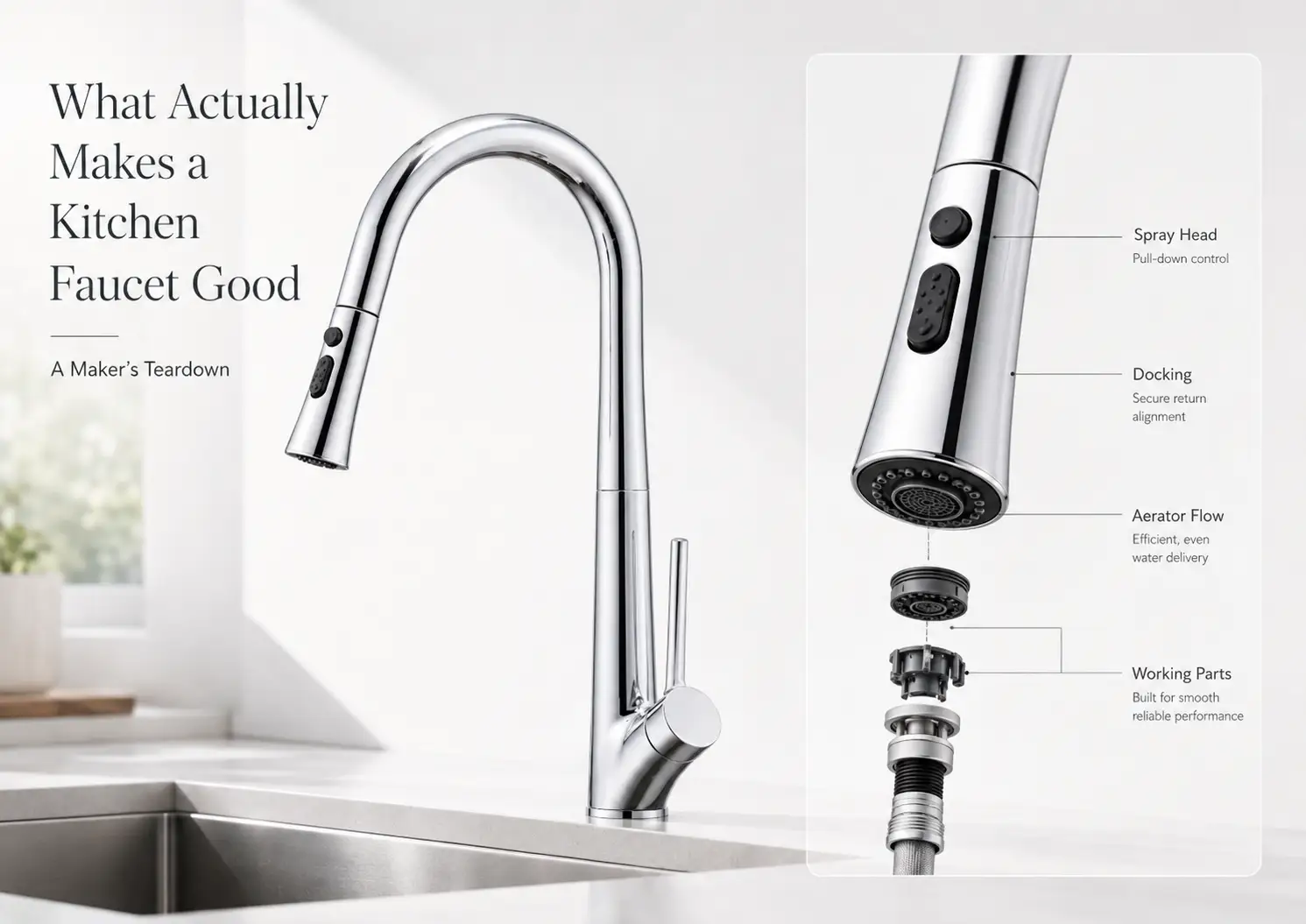 Pull-down kitchen faucet and spray head teardown showing maker view of spray head weight, docking, aerator flow and working parts