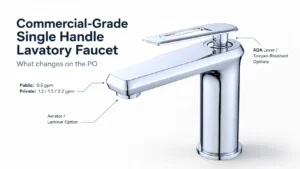 Commercial-grade single handle lavatory faucet showing flow class, aerator or laminar outlet option, and lever specifications for PO review.