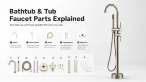 Freestanding bathtub faucet parts including the spout, hand shower, hoses, supply lines, base trim and mounting components beside the assembled tub filler.