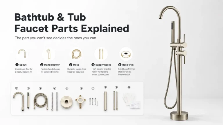 Freestanding bathtub faucet parts including the spout, hand shower, hoses, supply lines, base trim and mounting components beside the assembled tub filler.