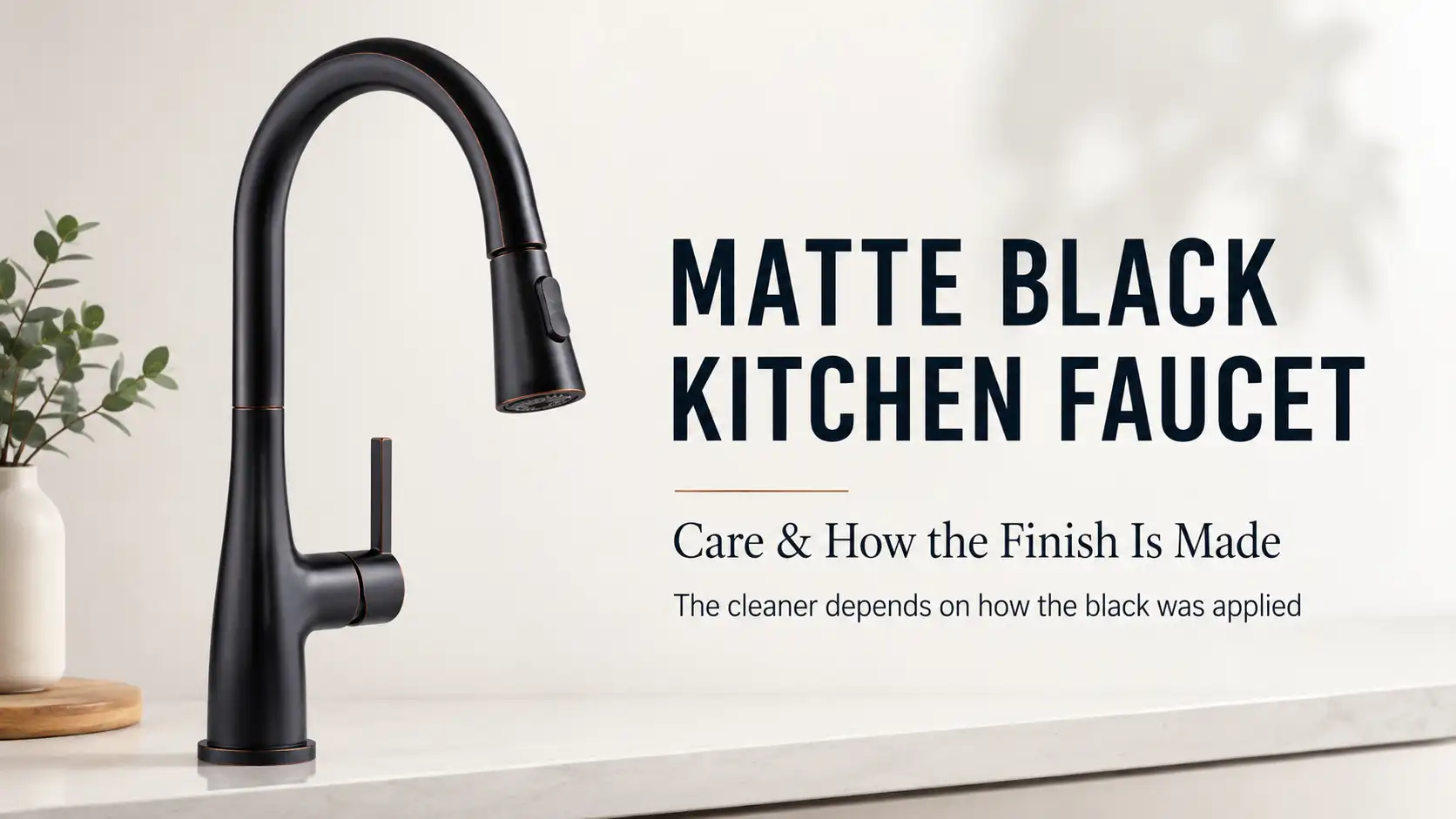 Matte black kitchen faucet with a high-arc pull-down spout beside a guide to faucet care and finish manufacturing.