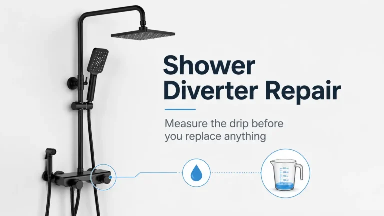 Shower diverter repair graphic showing a matte black multi-outlet shower system, highlighted control and measuring cup used to check leakage.