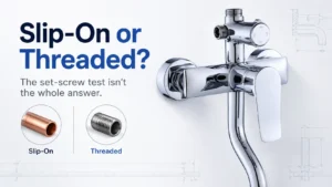 Slip-on tub spout and threaded tub spout comparison with smooth copper pipe, threaded nipple and chrome bath faucet.