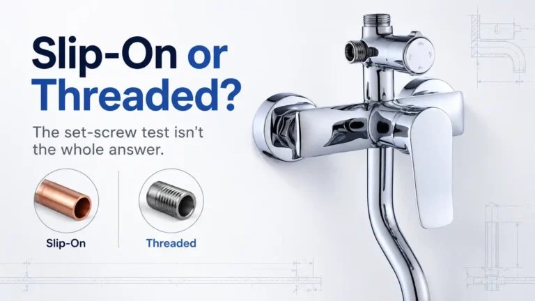Slip-on tub spout and threaded tub spout comparison with smooth copper pipe, threaded nipple and chrome bath faucet.