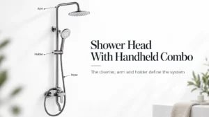 Shower head with handheld combo graphic asking whether the fixed head and hand shower can run at the same time